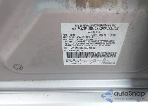 2012 Mazda Mazda6 I Sport z USA, uszkodzony, nr VIN 1YVHZ8BH4C5M16922